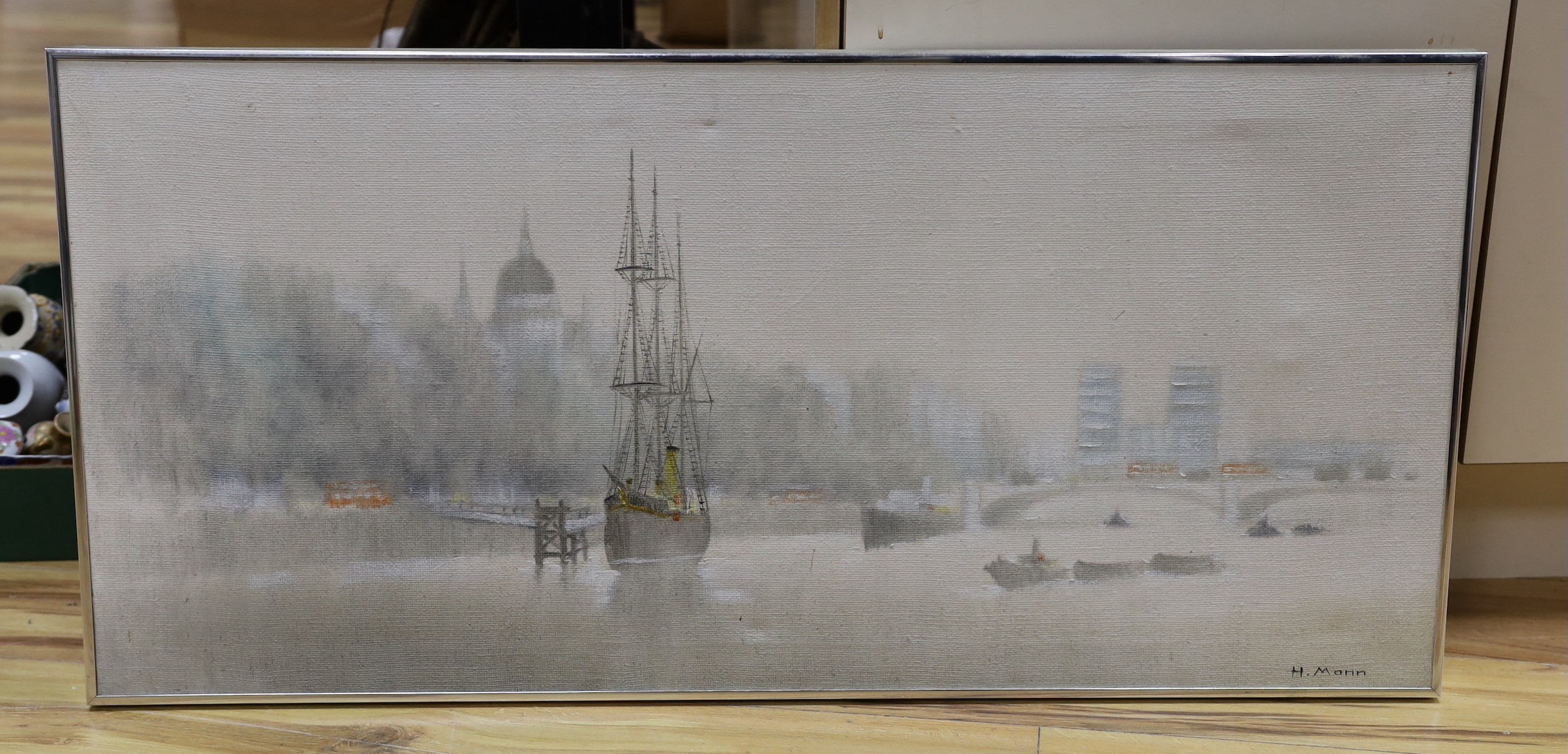 H. Mann, oil on canvas, Shipping on The Thames, signed, 47 x 101cm